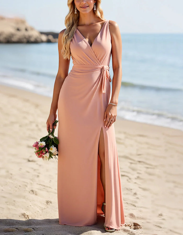 Nude Pink V-neck Chiffon Slit Maxi Dress
