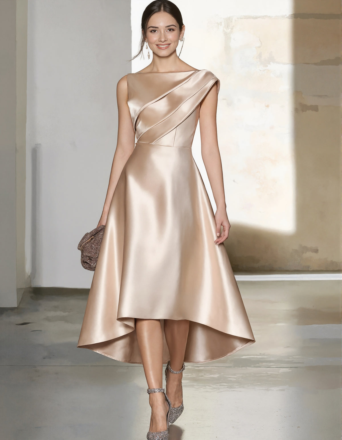 Satin One-Shoulder High-Low Cocktail Dress