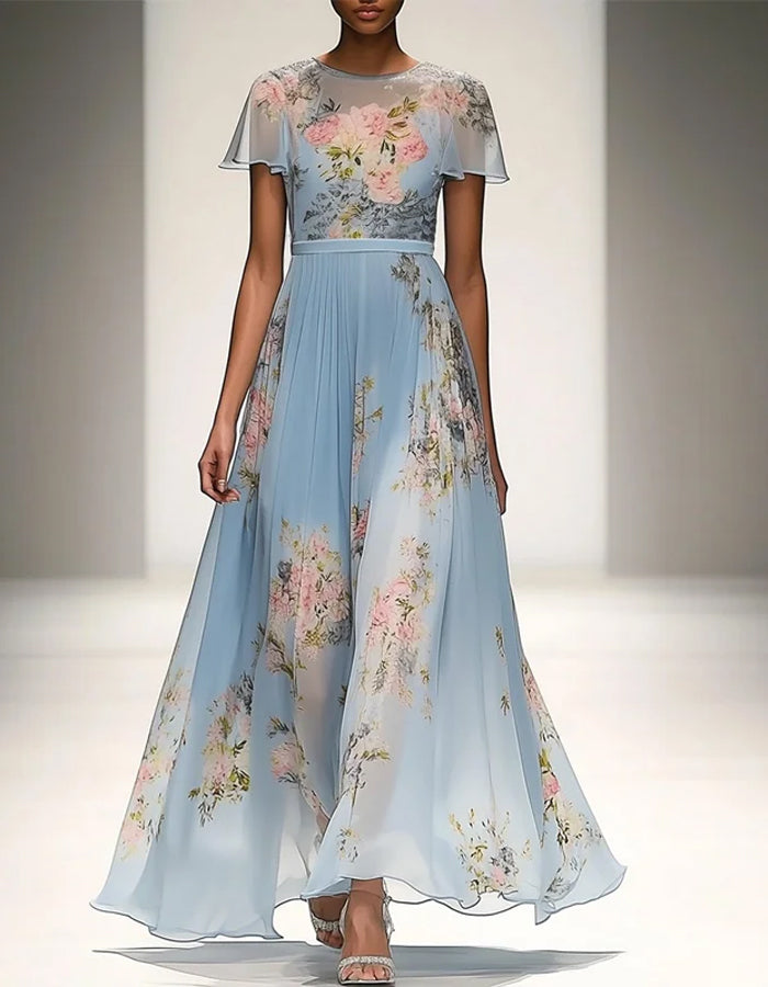 Light Blue Chiffon Gown with Floral Print and Sheer Flutter Sleeves