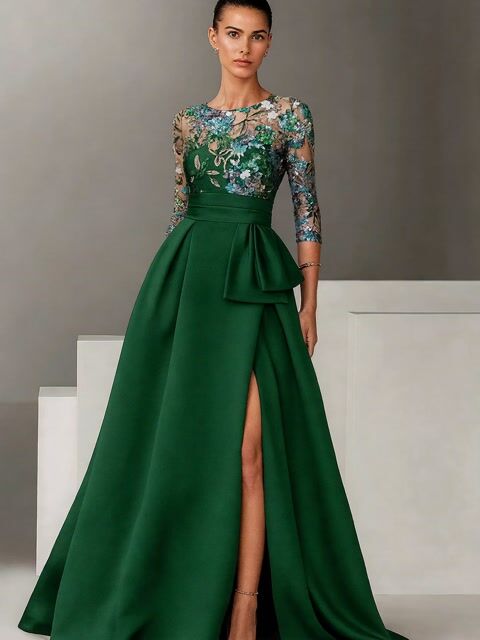 Round Neck Satin Sequined Sleeves Maxi Dress