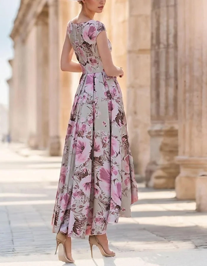 Elegant Taupe Satin High-Low Dress with Cap Sleeves and Waist Bow