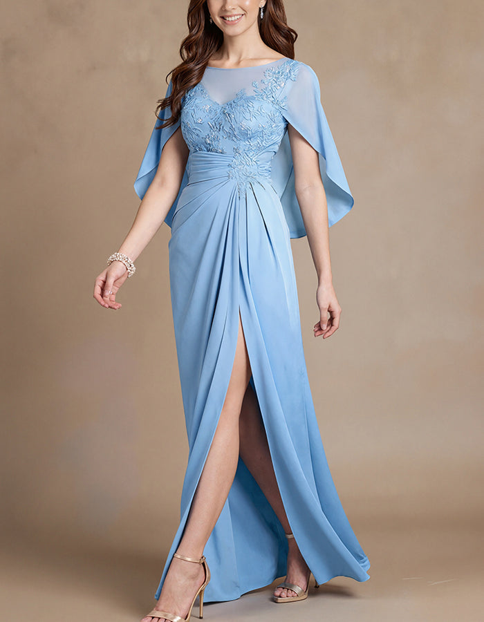 Elegant Eucalyptus Green Cape Sleeve Evening Dress with Lace Details
