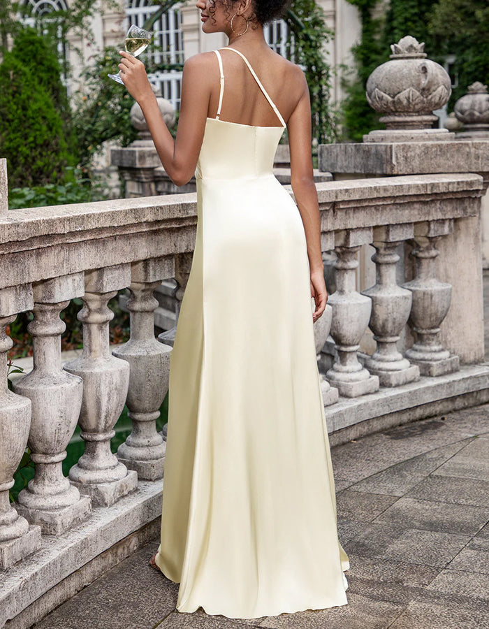 Light Yellow One Shoulder Slit Maxi Dress