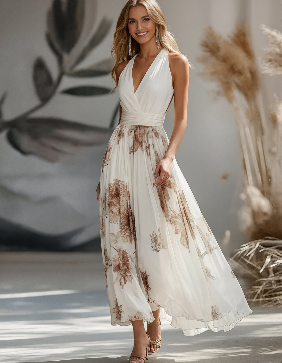 V-neck Solid Color Chiffon Floral Maxi Dress