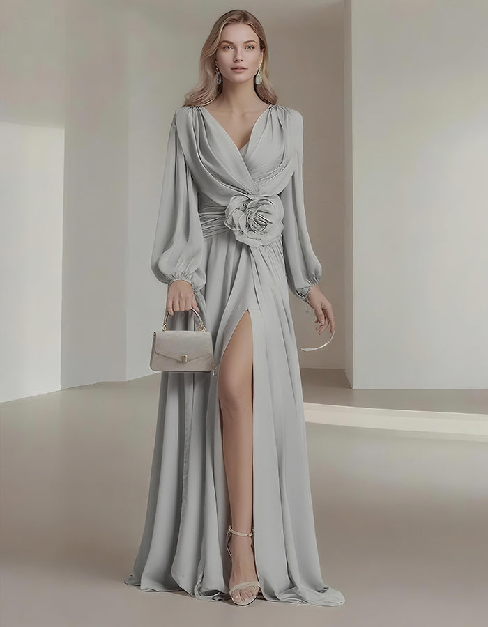 Elegante vestido largo de chifón de color liso con abertura y mangas abullonadas
