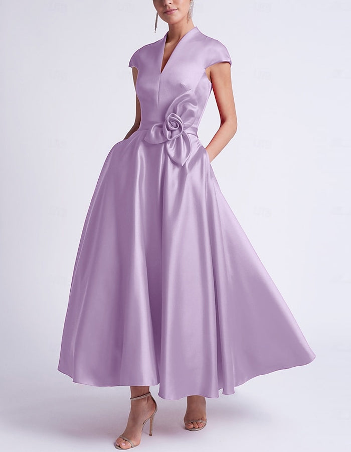 A-line Sleeveless V-neck Pocket Satin Midi Dress