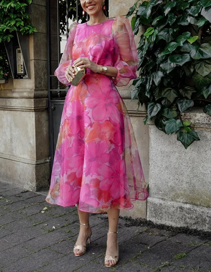 Elegant Organza Midi Dress with Sheer Puff Sleeves and Floral Print