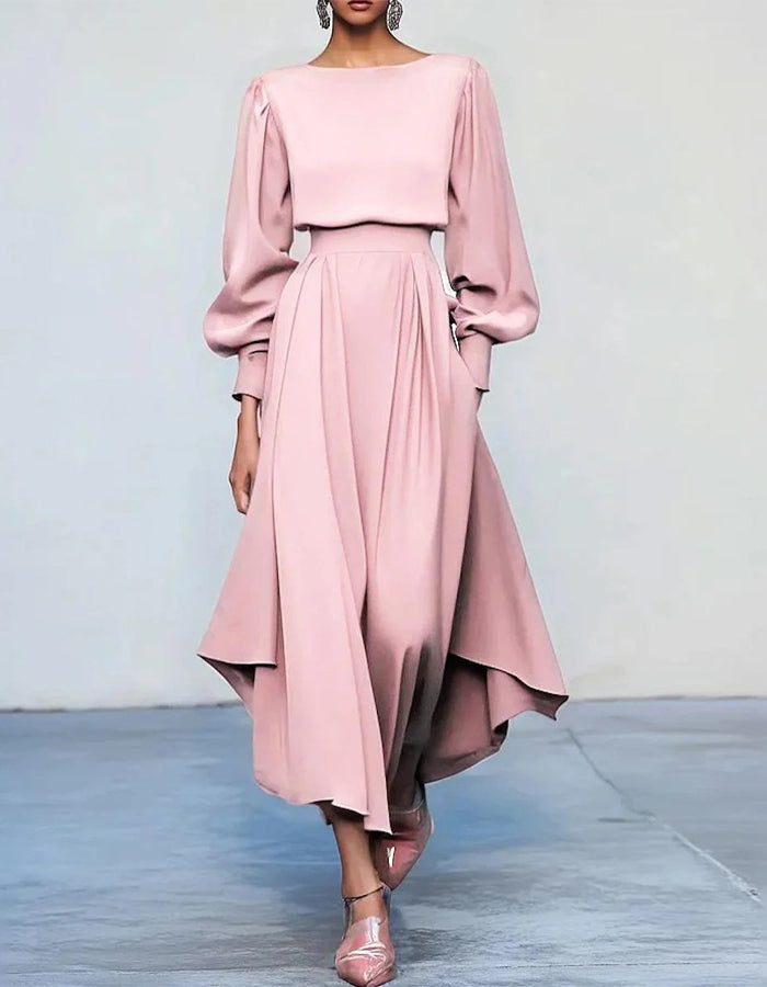 Round Neck Long Sleeves Solid Color Midi Dress – Alizua