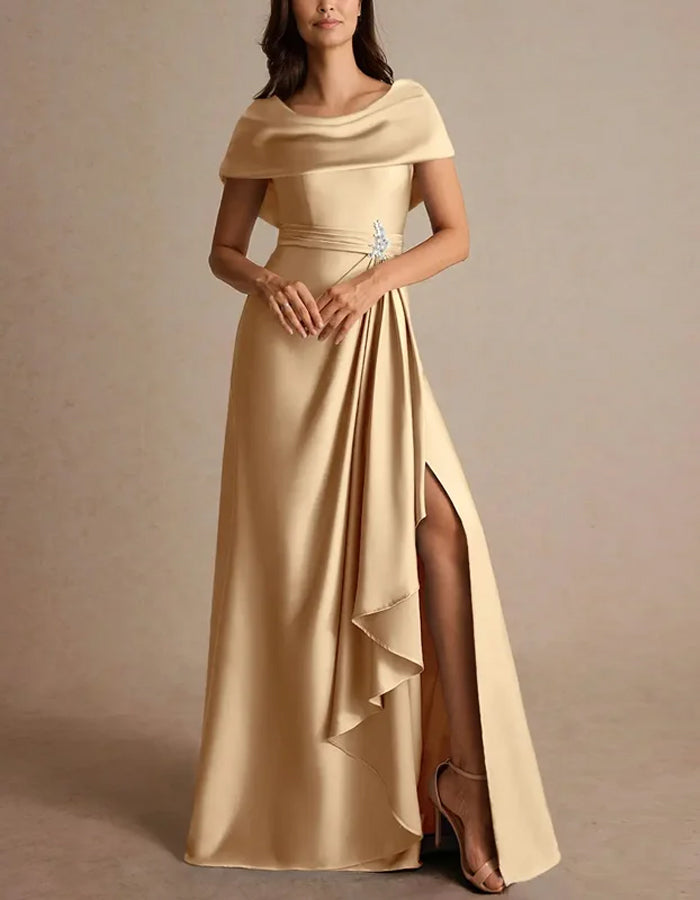 Champagne Silk Short Sleeves  Maxi Dress