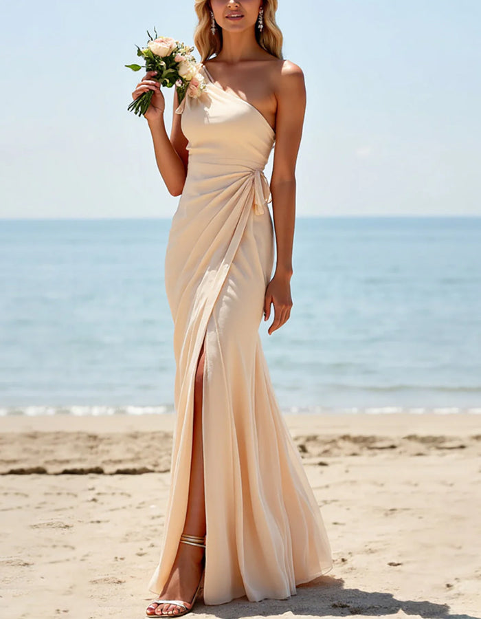 Apricot Fitted One Shoulder Long Pleated Slit Bridesmaid Dress Apricot Fitted One Shoulder Long Pleated Slit Bridesmaid Dress