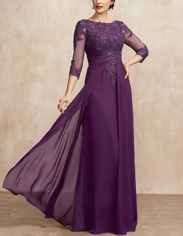 Round Neck Lace Solid Color Sequins Maxi Dress