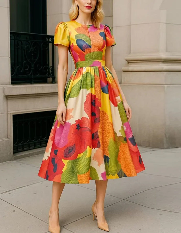 Robe midi en satin multicolore éclatant avec manches bouffantes et jupe plissée
