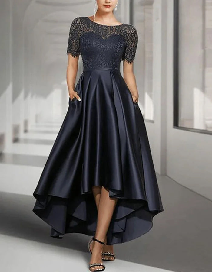 Lace Solid Color Round Neck Short Sleeves Midi Dress