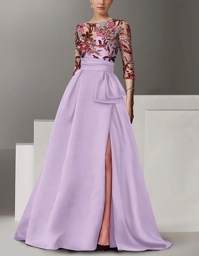 Round Neck Satin Sequined Sleeves Maxi Dress