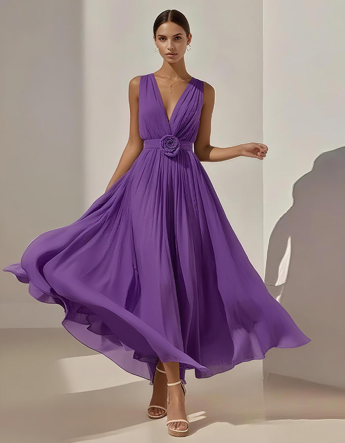 Vestido Midi Romántico de Gasa Plisada con Cintura Floral