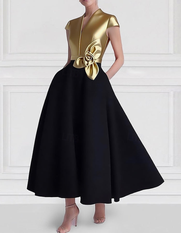 A-line Short-sleeved V-neck Satin Midi Dress