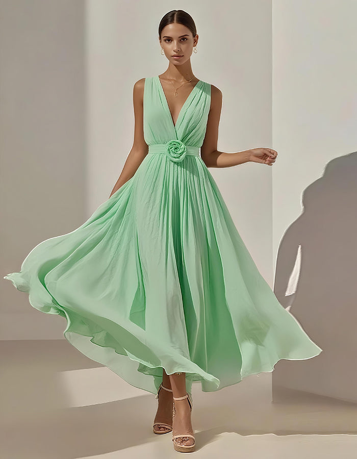 Vestido Midi Romántico de Gasa Plisada con Cintura Floral