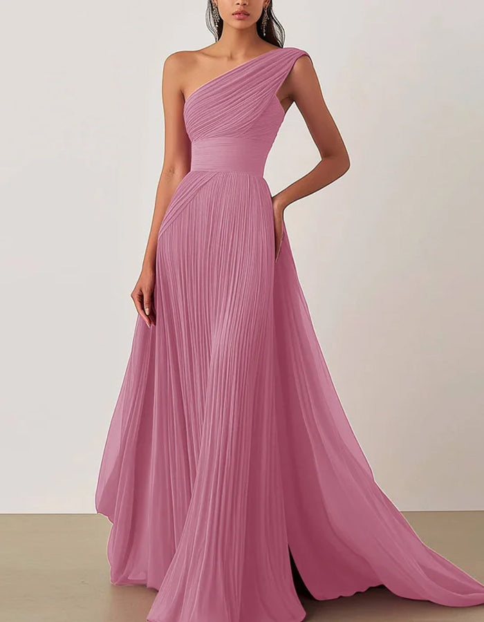 One Shoulder Solid Color Maxi Dress
