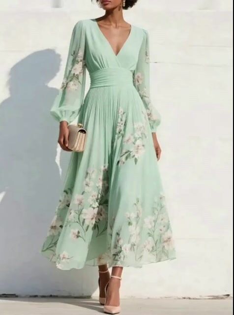 Graceful Mint Green Chiffon Midi Dress with Ruched Waist and Floral Embroidery