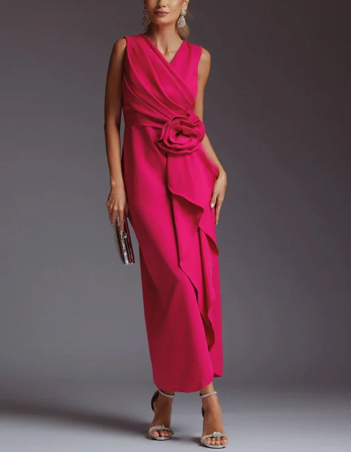 Sophisticated Satin Midi Dress with Draped Bodice and Floral Waist