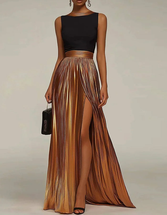 Striking Black and Metallic Bronze Gown with Pleated Satin Skirt