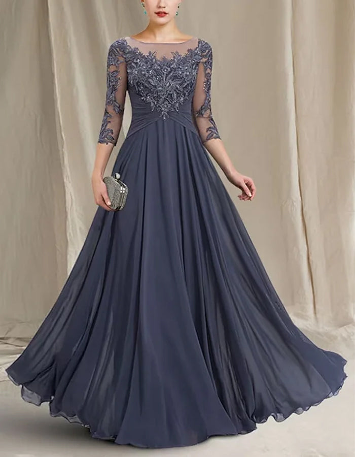 Round Neck Solid Color Chiffon Lace Three-quarter Sleeve Maxi Dress