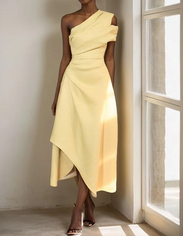 Off-shoulder Light Yellow Midi Dress
