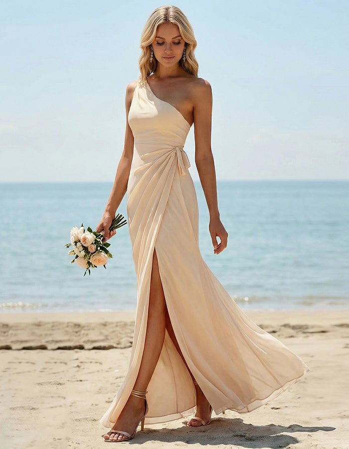 Apricot Fitted One Shoulder Long Pleated Slit Bridesmaid Dress