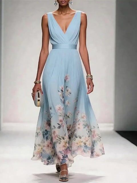 Romantic Light Blue Chiffon Gown with Floral Hem and Deep V-Neck