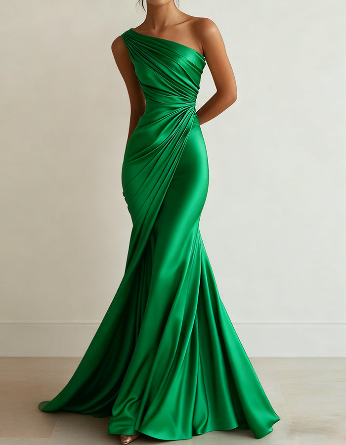 Vestido maxi de satén elástico plisado con un hombro