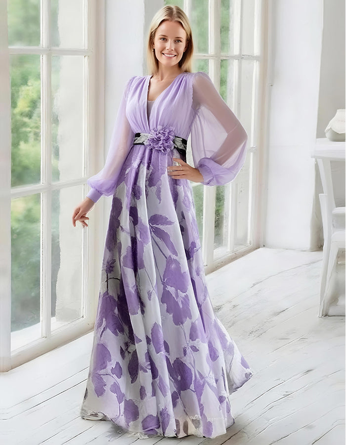 Elegant Navy Chiffon Gown with Floral Print Skirt and Sheer Bishop Sleeves