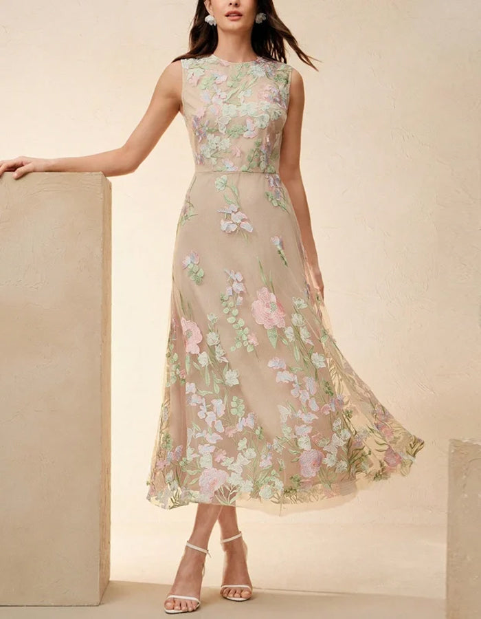 Romantic Beige Tulle Dress with Pastel Floral Embroidery