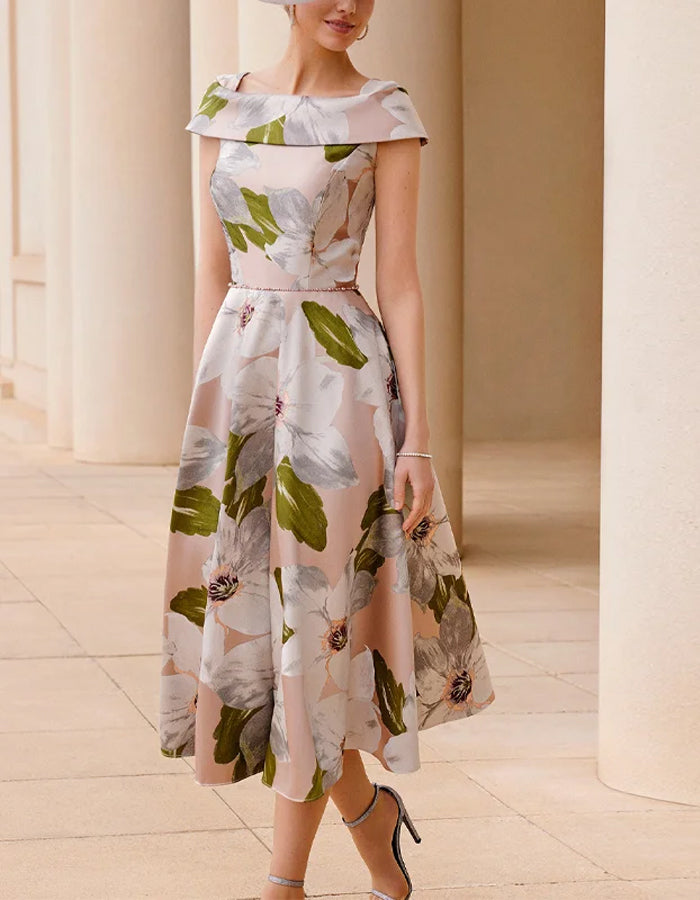 Elegant Blush Satin Midi Dress with Off-Shoulder Collar and Oversized Floral Print