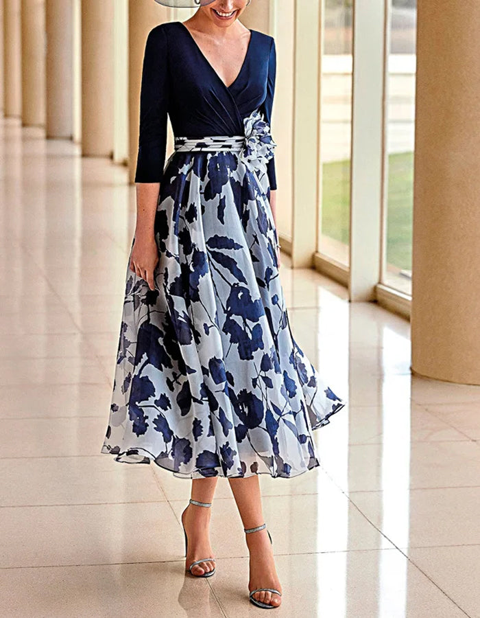 Elegant Navy and White Chiffon Midi Dress with Draped Bodice and Floral Skirt