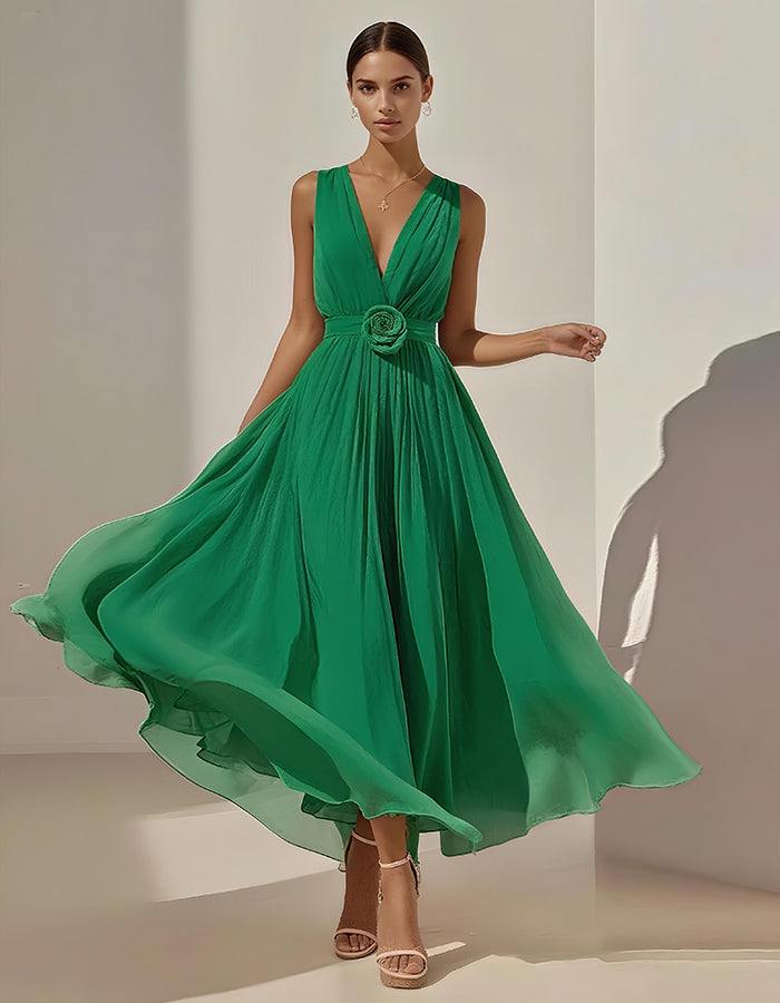Vestido Midi Romántico de Gasa Plisada con Cintura Floral