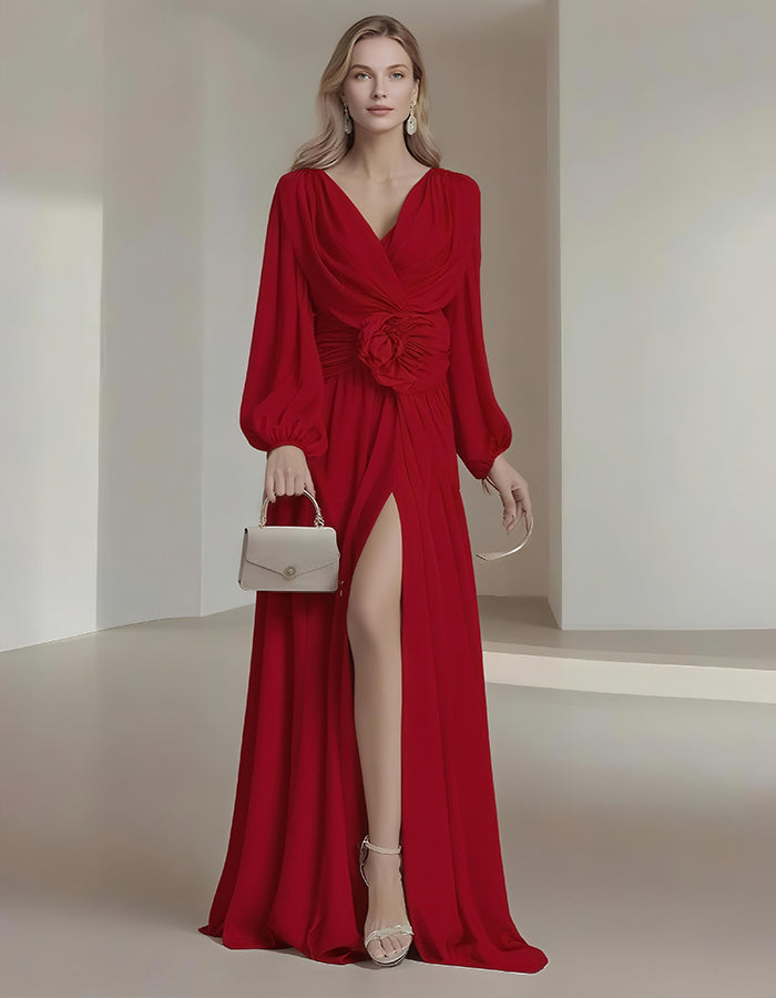 Elegante vestido largo de chifón de color liso con abertura y mangas abullonadas