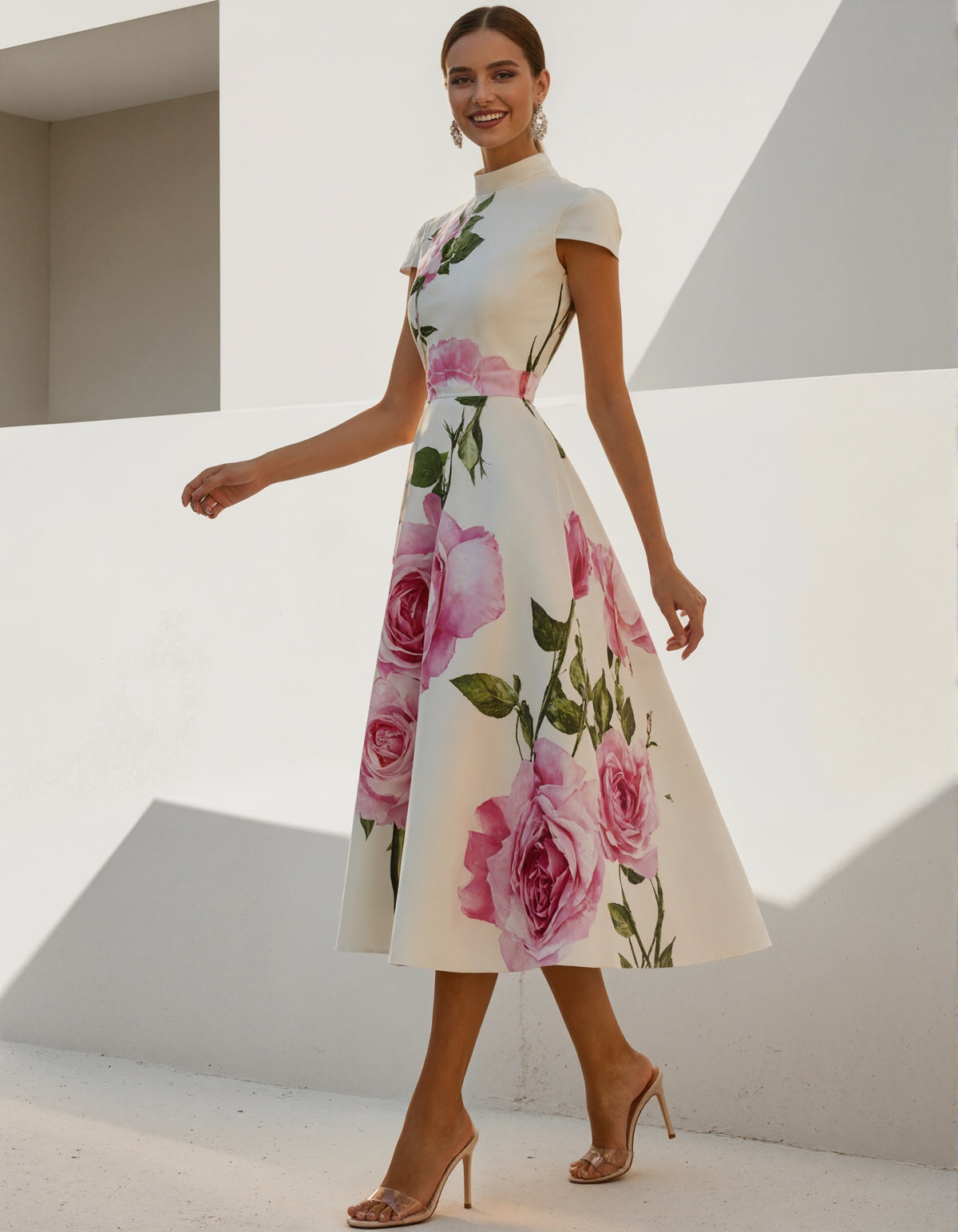 Elegant Satin A-Line Dress with Bold Rose Print and High Neckline