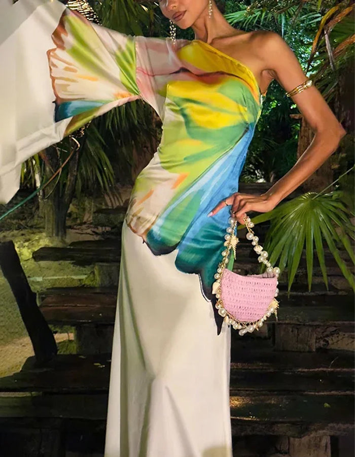 Artistic White Satin Gown with One-Shoulder Watercolor Print Draping