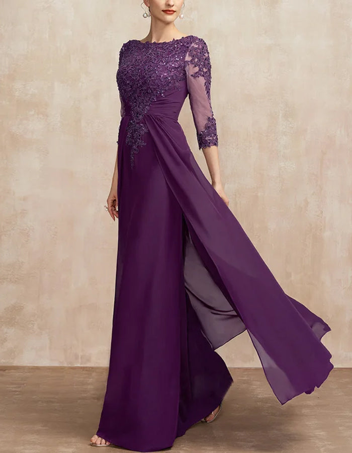Round Neck Lace Solid Color Sequins Maxi Dress