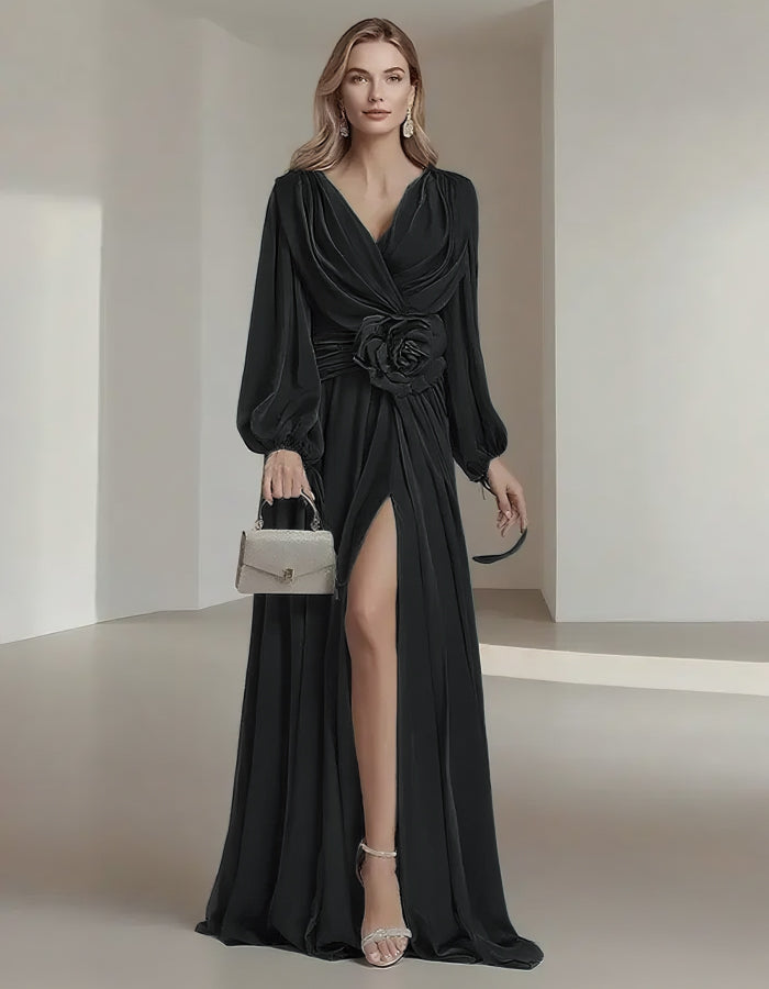 Elegant Chiffon Solid Color Long Slit Puff Sleeve Maxi Dress Elegant Chiffon Solid Color Long Slit Puff Sleeve Maxi Dress