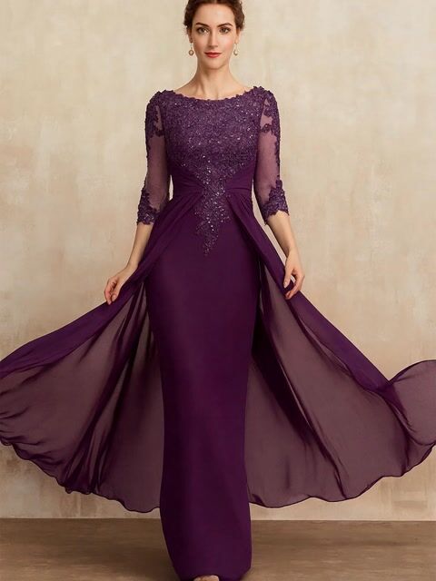 Round Neck Lace Solid Color Sequins Maxi Dress