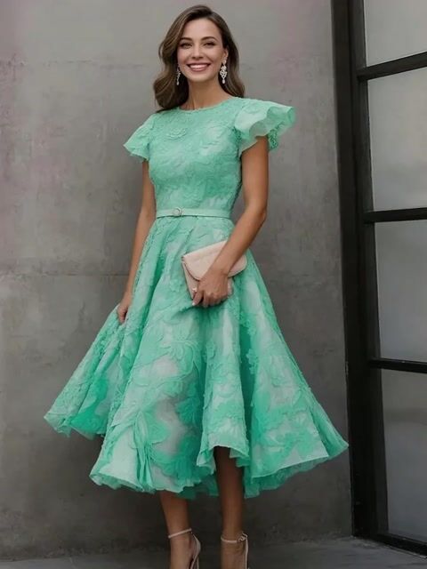 Robe asymétrique brodée florale vert aqua