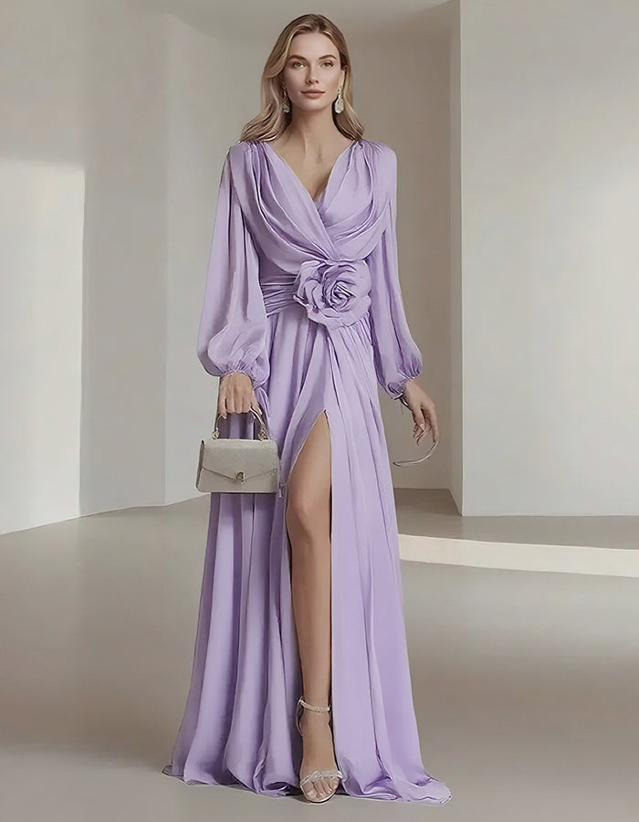 Elegante vestido largo de chifón de color liso con abertura y mangas abullonadas