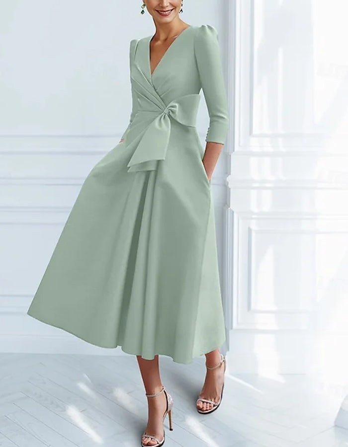 Solid Color V-Neck Satin Bow Midi Dress