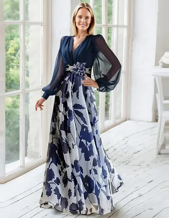 Elegant Navy Chiffon Gown with Floral Print Skirt and Sheer Bishop Sleeves
