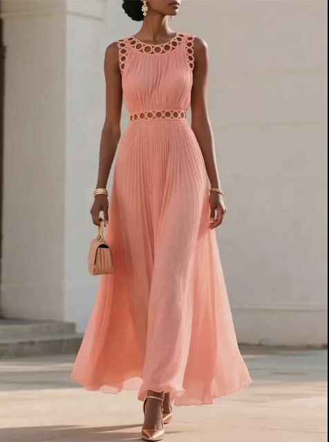 Peach Pleated Maxi Dress with Circular Cut-Out Detail