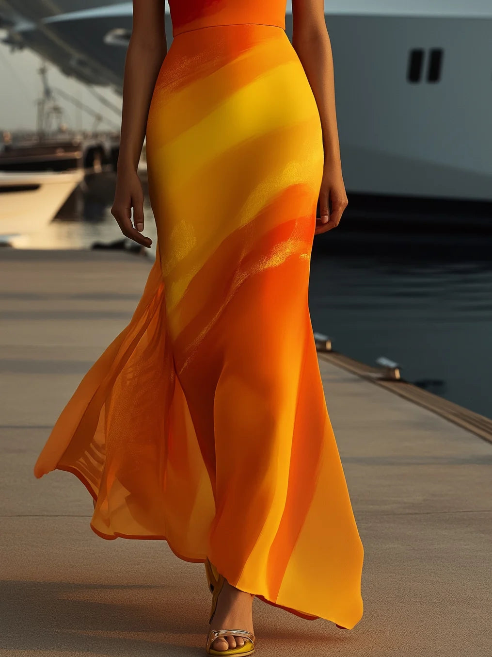 Sunset Ombre Maxi Dress – Bold Orange and Yellow with Fitted Silhouette