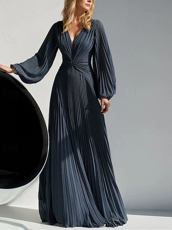 A-line Mother of the Bride V-neck Floor-length Chiffon Long Sleeves Maxi Dress
