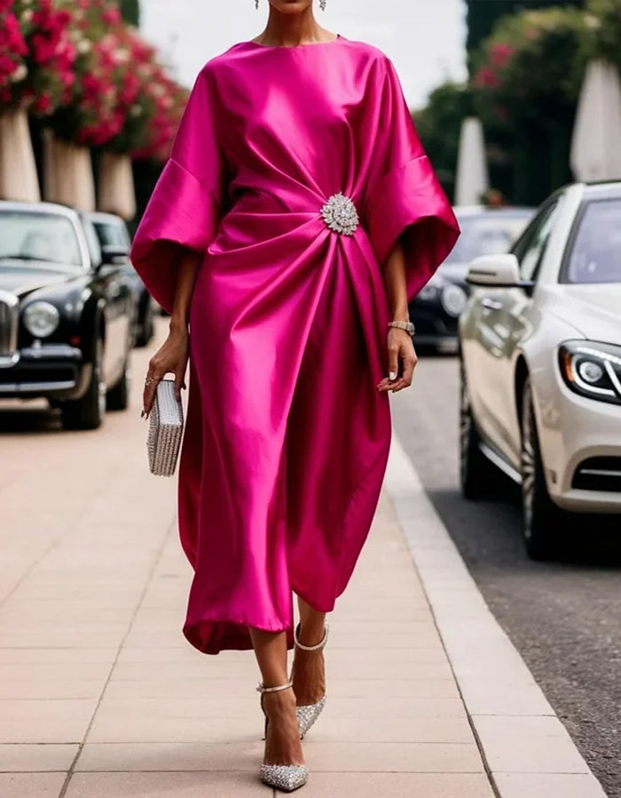 Short Sleeves Solid Satin Midi Dress