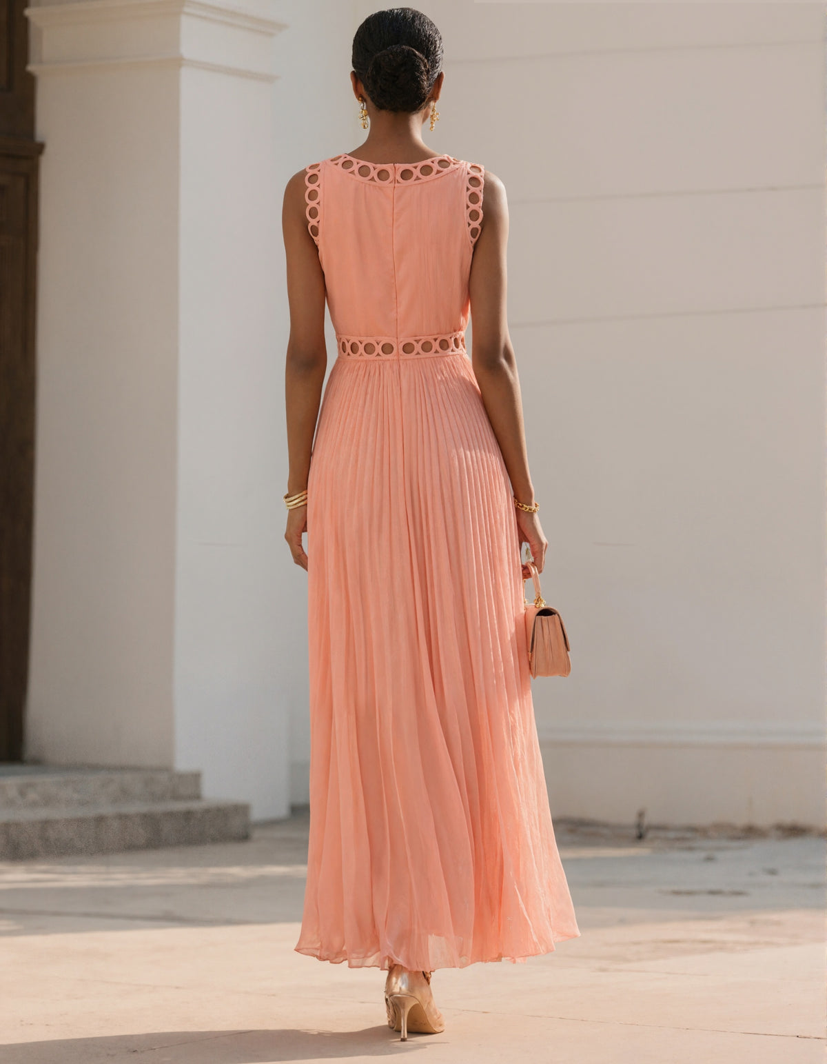 Peach Pleated Maxi Dress with Circular Cut-Out Detail